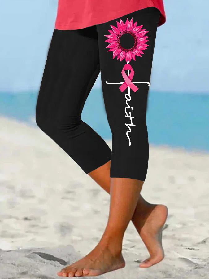 Women's Faith Hope Love Breast Cancer Awareness Sunflower Pink Ribbon Print Leggings