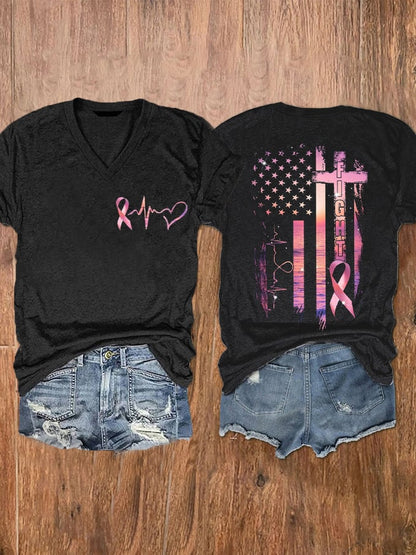 Women's Fight Breast Cancer Awareness Print V-Neck T-Shirt