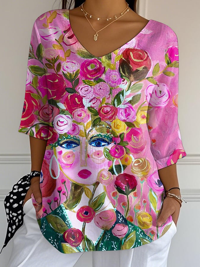 Women's Casual Pink Portrait Art Bubble Wrinkled Cotton And Linen Top