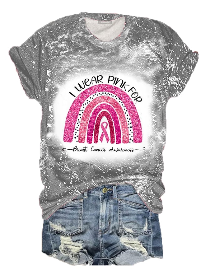 Women's  I Wear Pink For Breast Cancer Awareness Bleach Print Tee