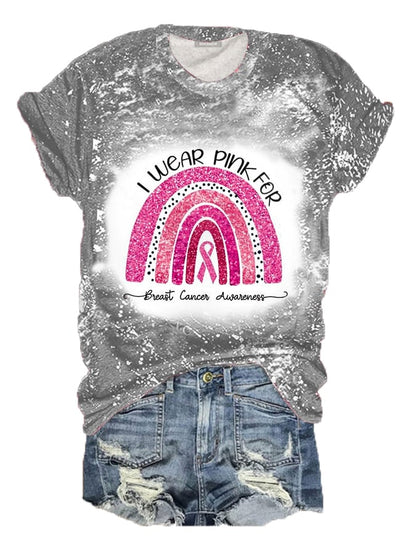 Women's  I Wear Pink For Breast Cancer Awareness Bleach Print Tee