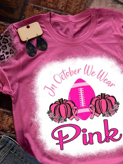 In October We Wear Pink Pumpkin Football Leopard Print T-Shirt