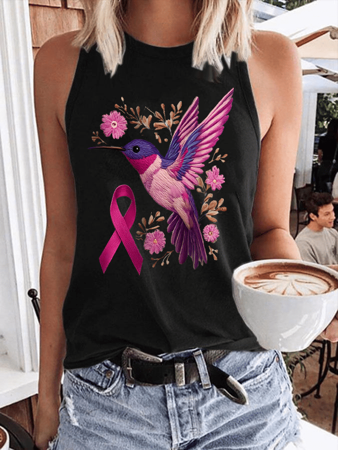 Womens Breast Cancer Awareness Hummingbird Heat Pressed Casual Tank Top