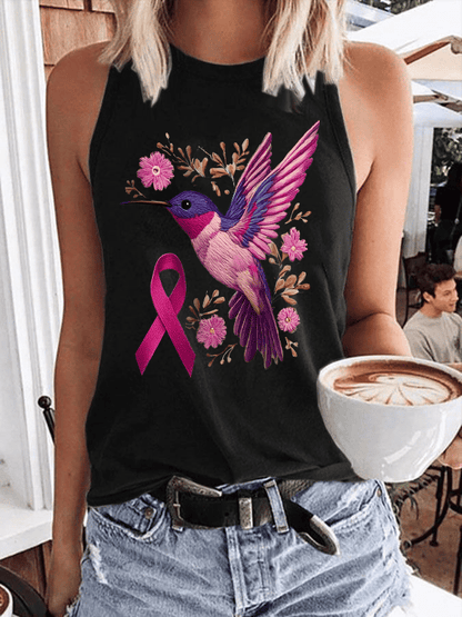 Womens Breast Cancer Awareness Hummingbird Heat Pressed Casual Tank Top