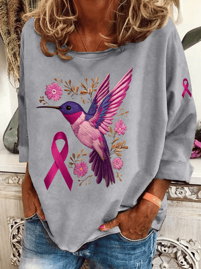 Womens Breast Cancer Awareness Hummingbird Heat Transfer Casual Sweatshirt