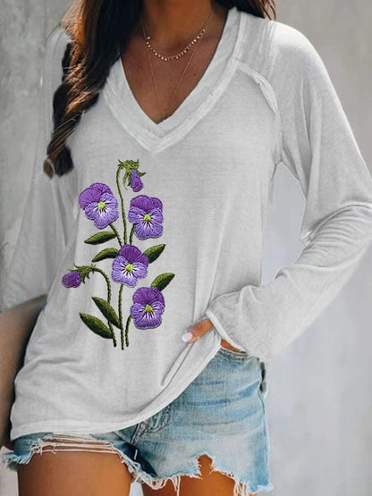 Women's Purple Flower Alzheimer's Awareness Support Print V-neck T-shirt