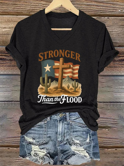 🙏💔Join us in praying for Texas.🙏V-Neck Retro Texas Strong Stronger Than The Flood Faith Cross Print T-Shirt