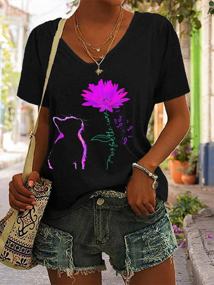 Women's For The Cure Dementia Alzheimer's Disease Awareness Print V-Neck T-Shirt