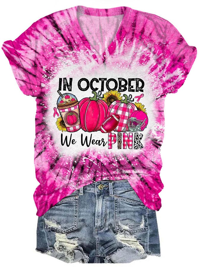 V-Neck Breast Cancer Awareness Tie Dye In October We Wear Pink Football Print T-Shirt