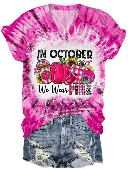 V-Neck Breast Cancer Awareness Tie Dye In October We Wear Pink Football Print T-Shirt