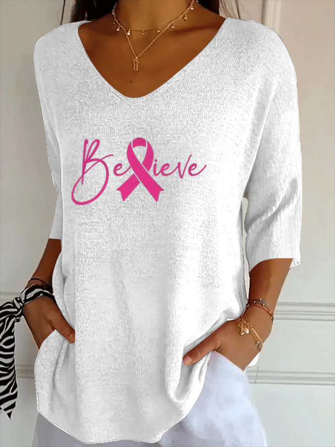 Women's Breast Cancer Believe Print Striped Fabric Casual V-Neck T-Shirt