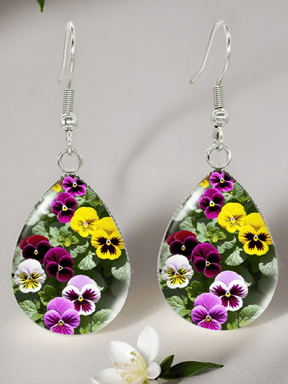 Purple Drop-Shaped Pansy Flower Design Earrings