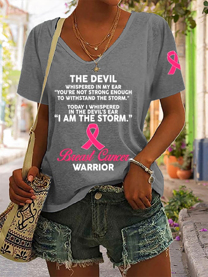 Women's The Devil- Breast Cancer Awareness Support Ribbon Print Casual T-Shirt