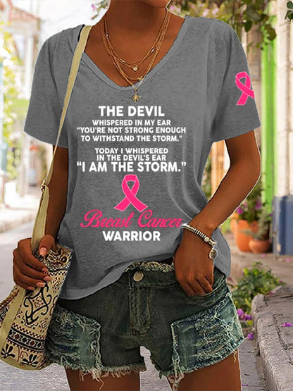 Women's The Devil- Breast Cancer Awareness Support Ribbon Print Casual T-Shirt