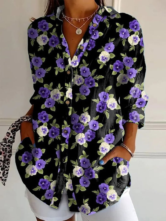 Women's Purple Floral Art Print Lapel Shirt