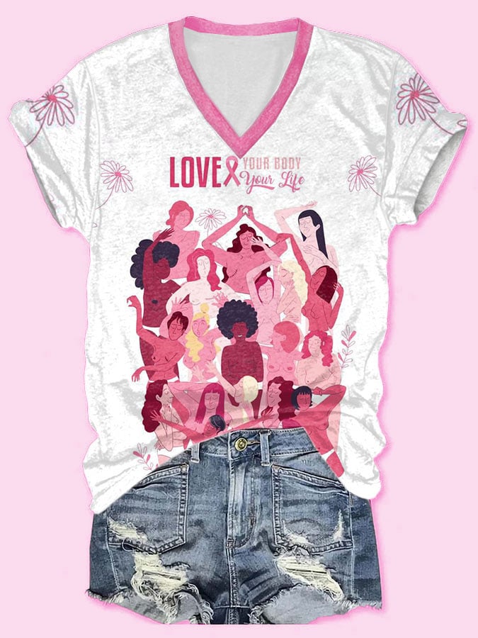 Women's Casual Pink Ribbon Breast Cancer Art Print Short Sleeve T-Shirt
