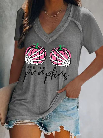 Women's Save The Pumpkins Breast Cancer Awareness Print V-Neck Top