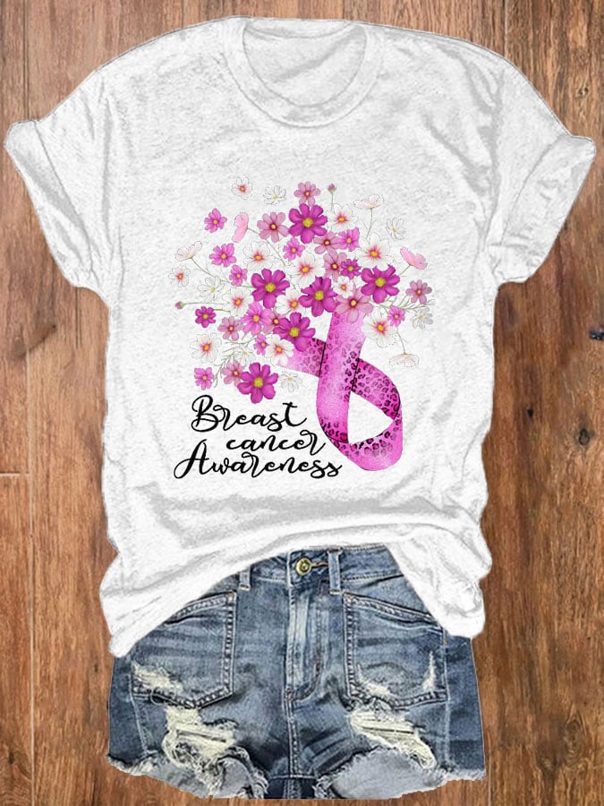 Women's Floral Breast Cancer Awareness Pink Ribbon Print Crewneck T-Shirt