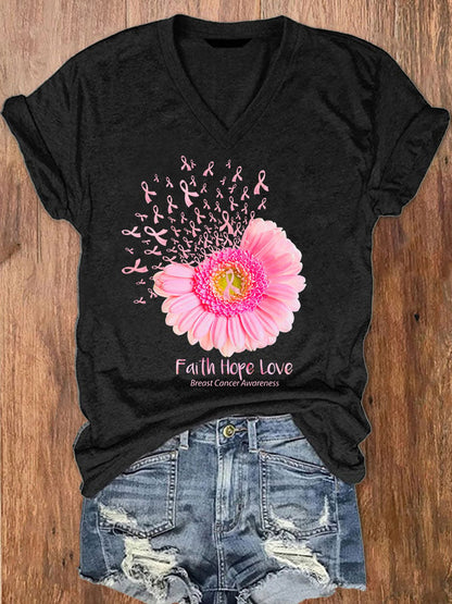 Women's Daisy Faith Hope Love Breast Cancer Awareness T-Shirt