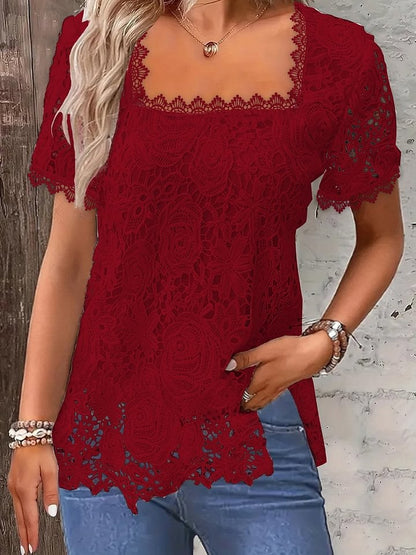 Women's Fashion Solid Color Square Neck Lace Top