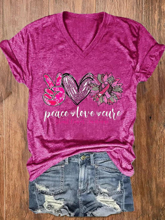 Women's Peace Love Cure Pink Sunflower Breast Cancer  V-Neck Tee