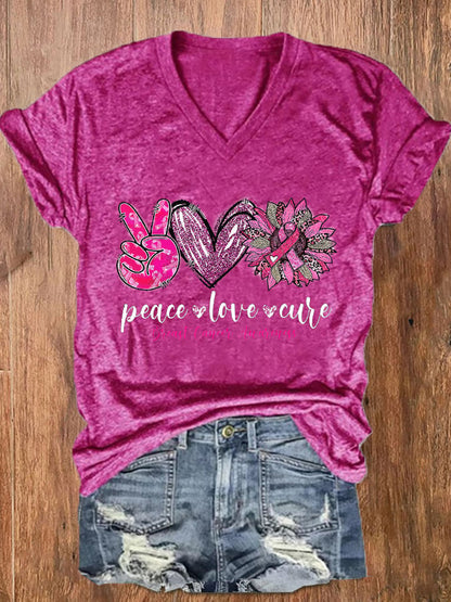 Women's Peace Love Cure Pink Sunflower Breast Cancer  V-Neck Tee