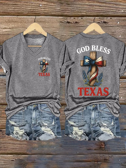 🙏💔Join us in praying for Texas.🙏Women's Retro God Bless Texas Cross Print T-Shirt