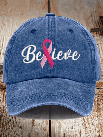 Breast Cancer Believe Ribbon Print Hat