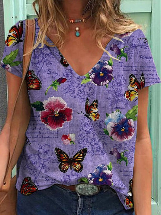 Women's Retro Botanical Floral Design Print T-Shirt