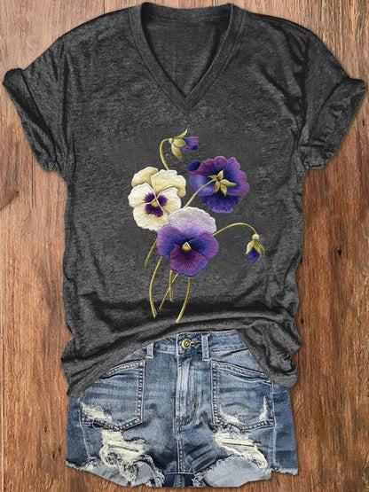 Women's Alzheimer's Awareness Purple Floral Print V-Neck T-Shirt