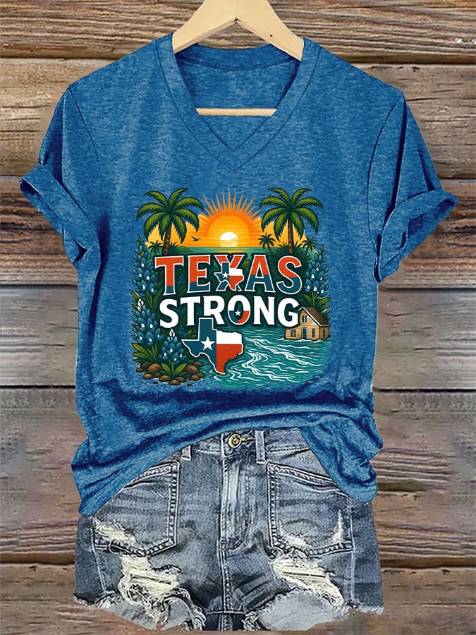 🙏💔Join us in praying for Texas.🙏V-Neck Retro Texas Strong Palm Trees Print T-Shirt