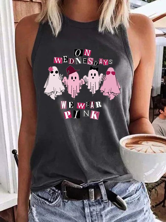 Women's Halloween Breast Cancer On Wednesday We Wear Pink Cute Ghost Halloween Print Tank Top
