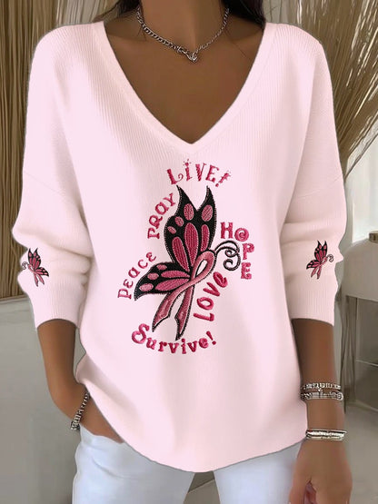 Women's Butterfly Embroidery Print V-Neck Long Top