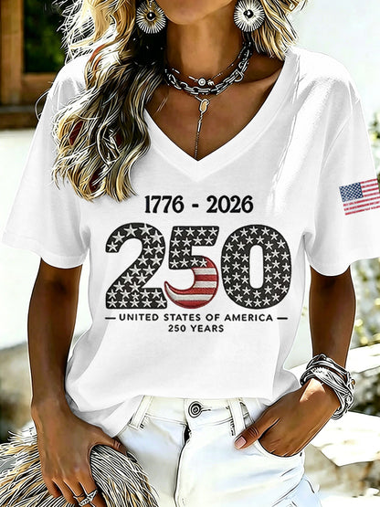 Ladies' Casual American 250Th Anniversary Celebration Personalized Printed V-Neck Short Sleeved Shirt