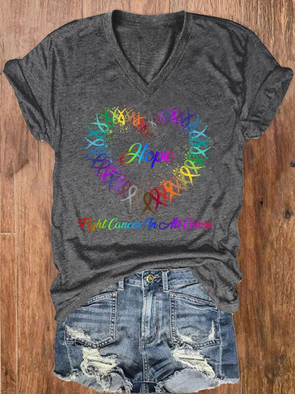 Women's Hope Fight Cancer In All Colors Cancer Awareness Ribbon Print V-Neck T-Shirt