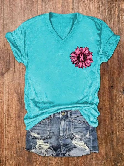 Women's Sunflower Pink Ribbon Flag Breast Cancer Awareness Print V-Neck T-Shirt