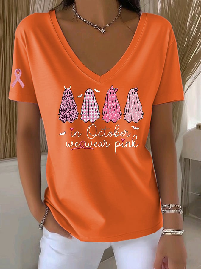 Women's Casual All-Match Solid Color Pink Ghost Ribbon V-Neck T-Shirt