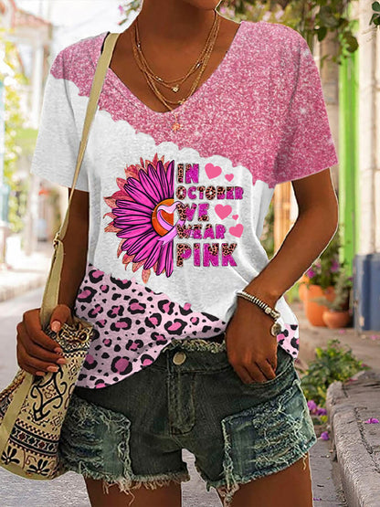Women's Casual In October We Wear Pink Printed Short Sleeve T-Shirt