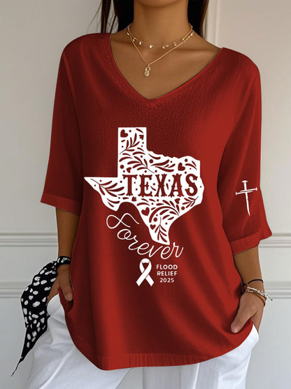 🙏💔Join us in praying for Texas.🙏Women's Texas Flood Print Casual V Neck T-Shirt