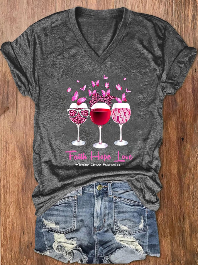 Women's Faith Hope Love Wine Glass Butterfly Breast Cancer Awareness T-Shirt