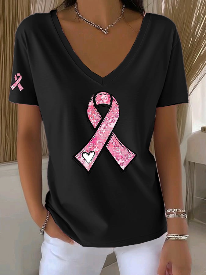 Women's Casual All-Match Solid Color Pink Ribbon V-Neck T-Shirt