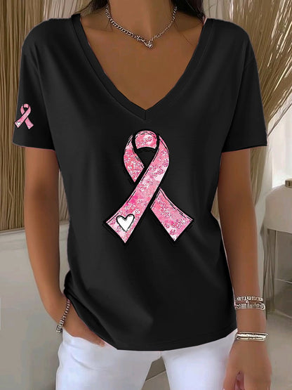 Women's Casual All-Match Solid Color Pink Ribbon V-Neck T-Shirt