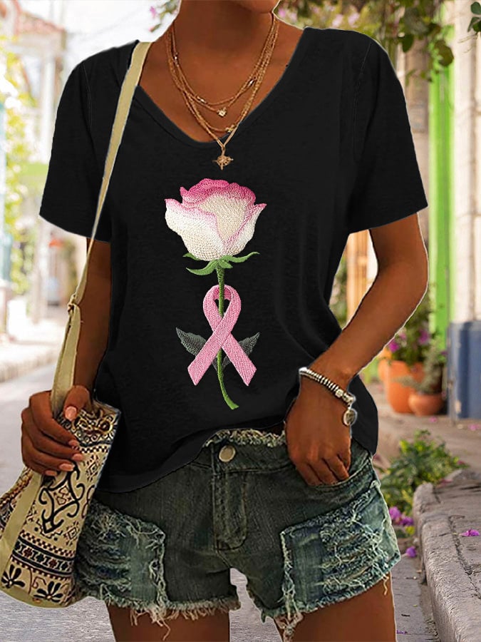Women's Pink Embroidered Floral Print V-Neck T-Shirt