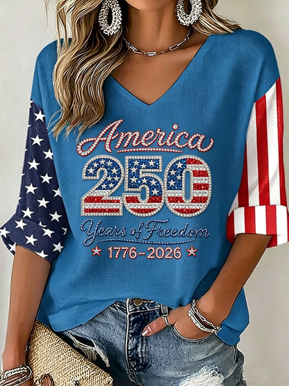 Women's USA 250 Years One Nation Under God Print V Neck Top