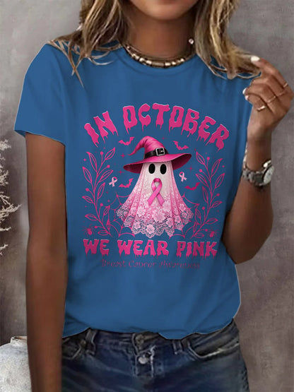 Women's Casual October We Wear Pink Ghost Breast Cancer Art T-Shirt