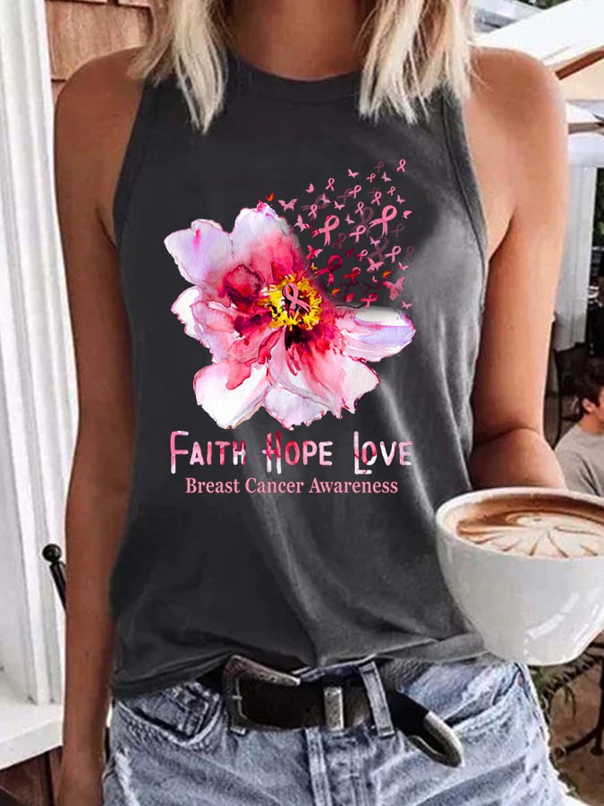 Women's Faith Hope Love Breast Cancer Ribbon Flower Daisy Print Tank Top