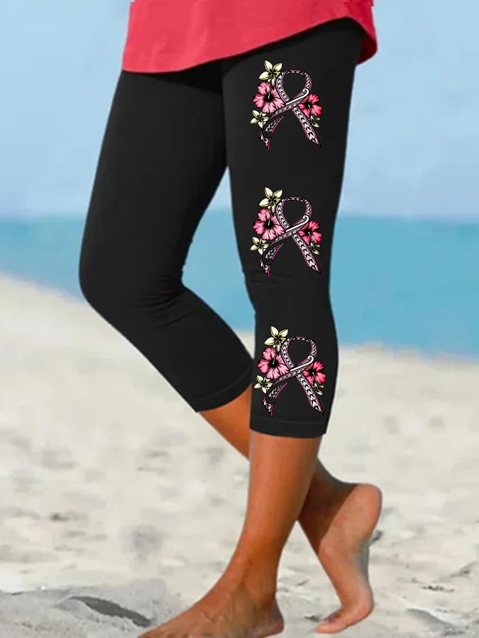 Women's Fight Breast Cancer Print Yoga Cropped Leggings