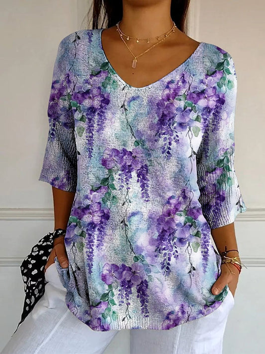 Women's Retro Purple Floral Print Shirt