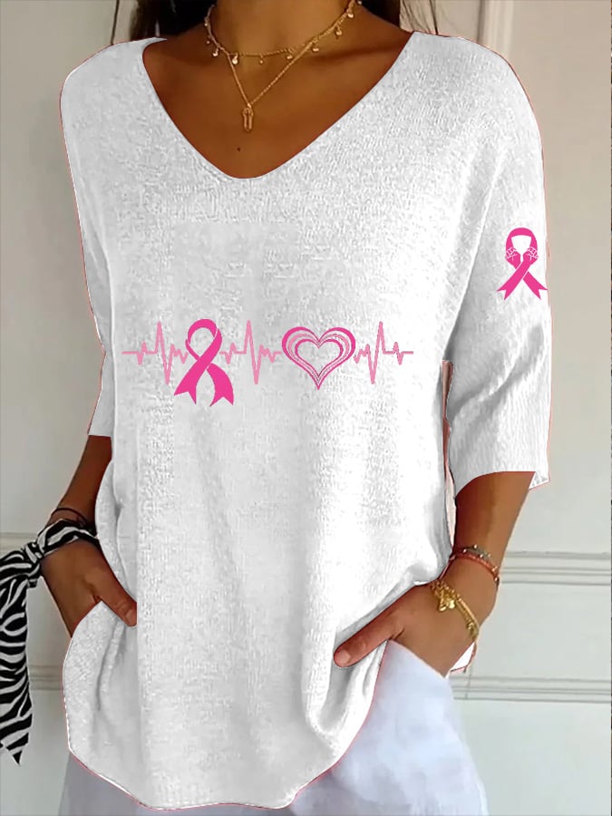 Women's Breast Cancer Embroidery Floral Print Striped Fabric Casual V-Neck Mid Sleeve T-Shirt