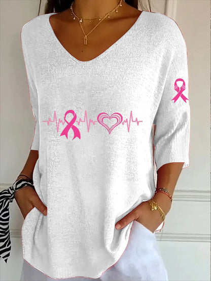 Women's Breast Cancer Embroidery Floral Print Striped Fabric Casual V-Neck Mid Sleeve T-Shirt
